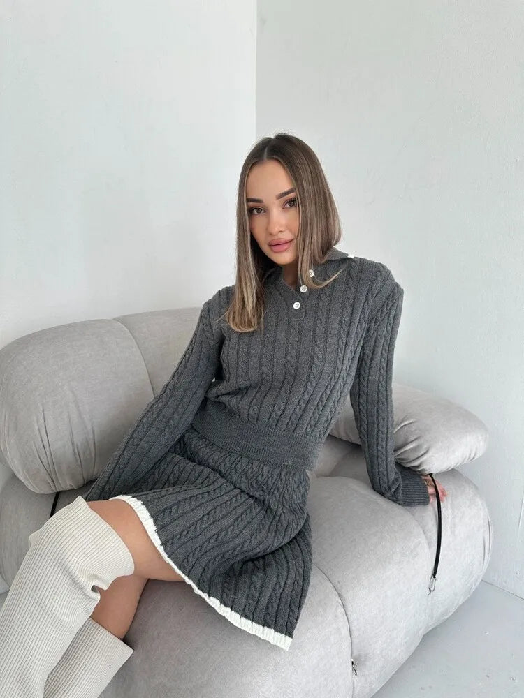 Women's Knitted Set™ Long Sleeve Lapel Buttons Knitting Sweater Short Skirt Sets
