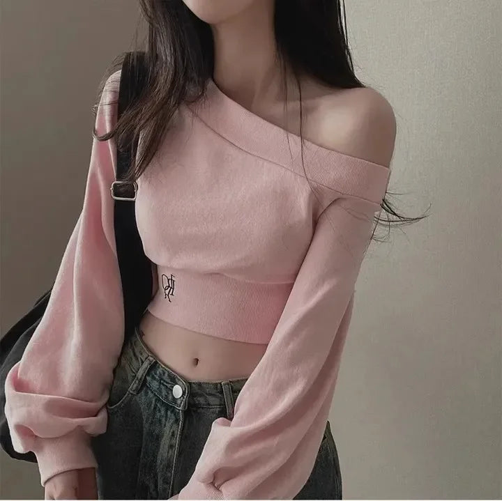 Women's Off-the-shoulder Sweatshirt™ Cropped Top Embroidery Loose-fit Windy Sweatshirt
