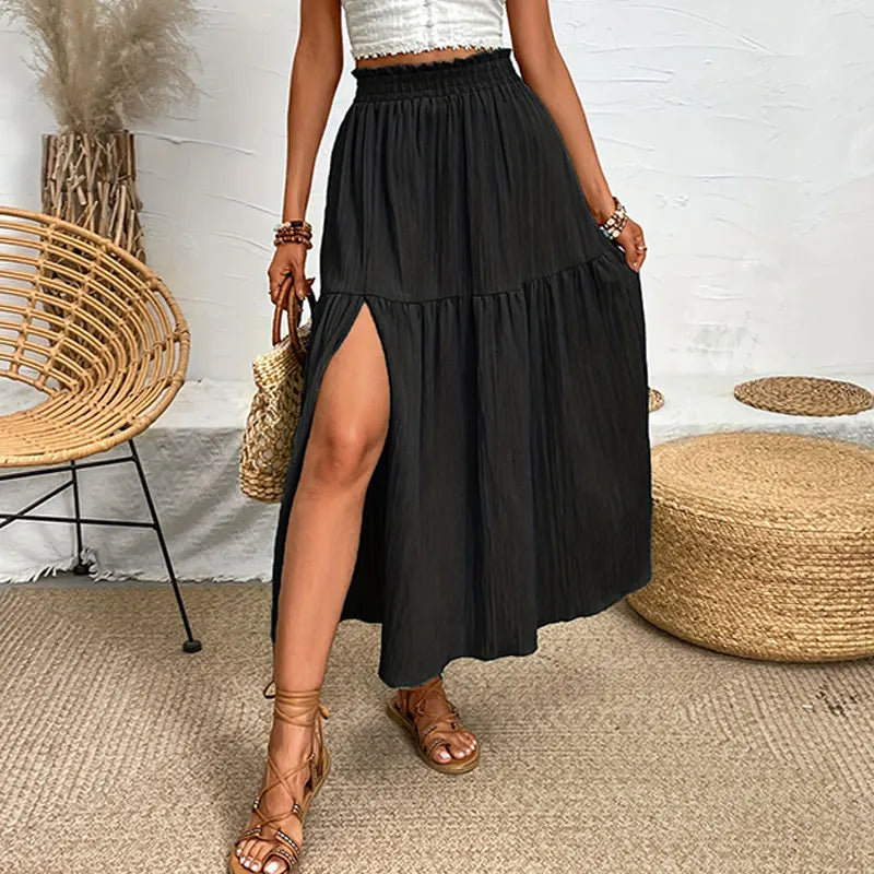 Women Bohemian Midi Skirt™ High Waist Solid A Line Ruffle Side Slit Skirts