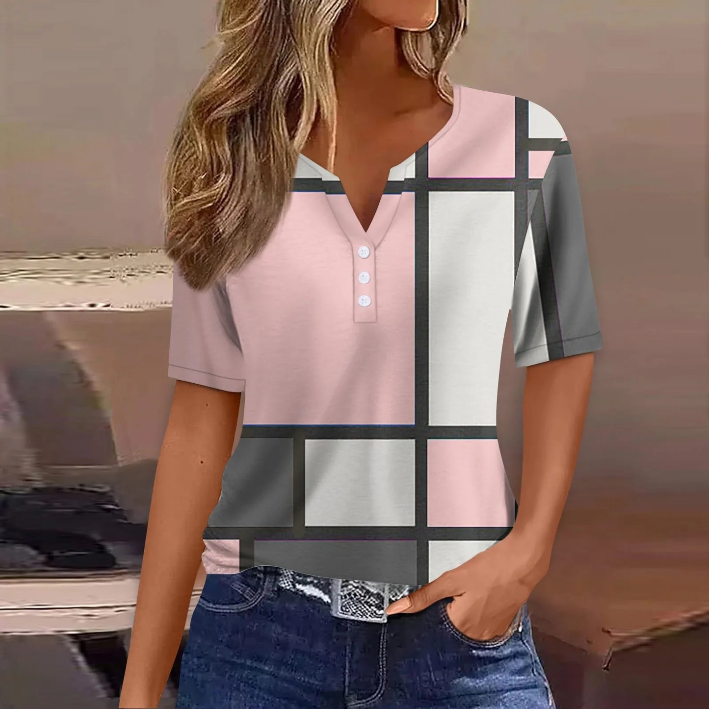 Women's Summer Patchwork T-Shirts™ Short Sleeve Loose Ladies V-Neck Tops