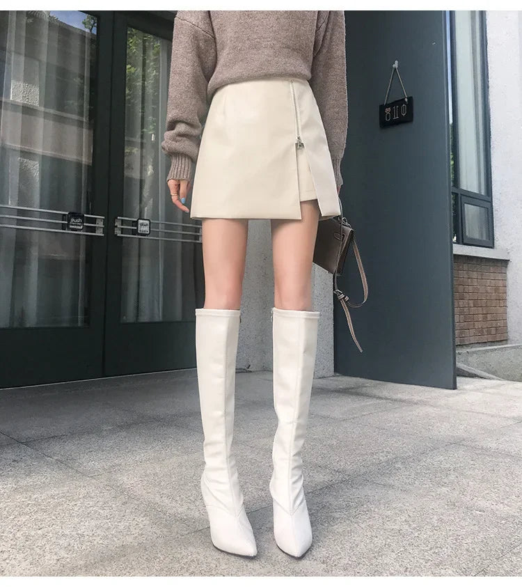 Women's Mini Dress™ Fashionable Zippered Pu Leather Slimming High-waisted A- line Skirt