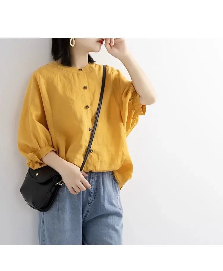 Women's Cotton Linen Shirts™ Loose Fit Round Neck Plus Lantern Sleeve Shirt