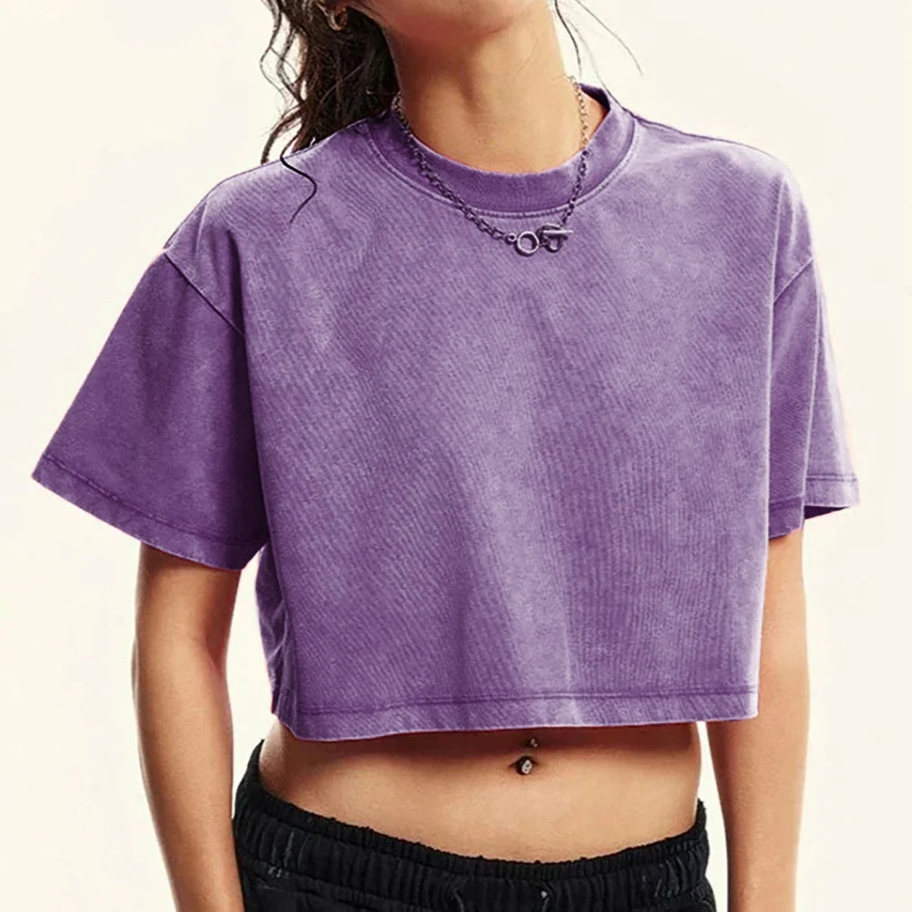 Women's Short Washed T-Shirts™ Soft Cotton Short Sleeve Retro Crop Tees