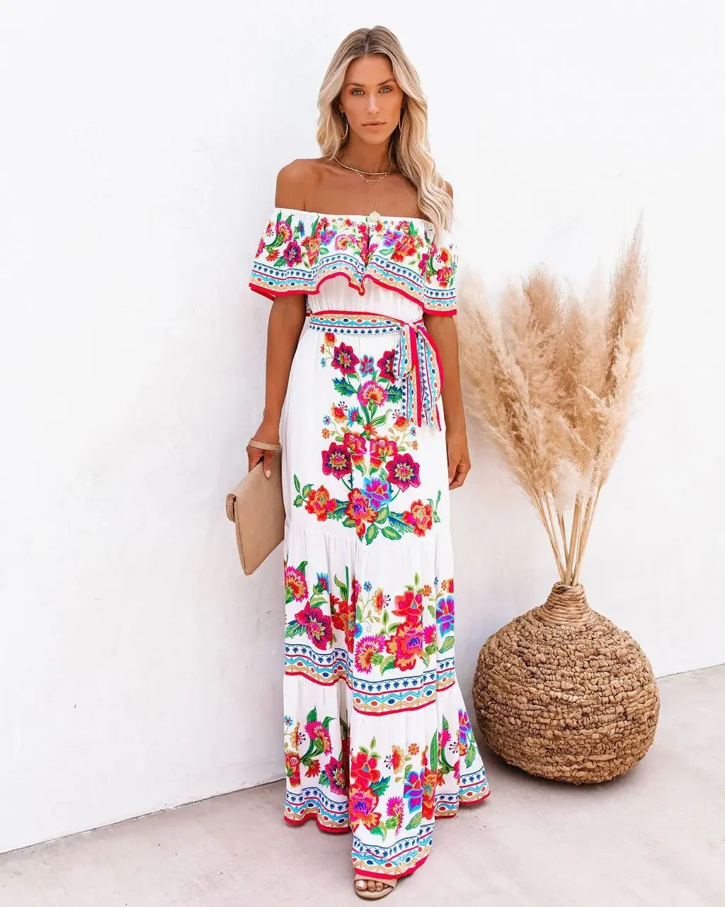 Women's Spring Summer Dresses™ Stand Off-shoulder Red Flower Printing Long Oversized Wide Hemline Sleeveless Dress