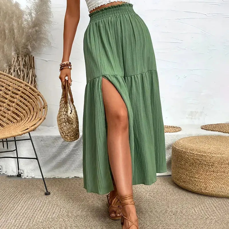 Women Bohemian Midi Skirt™ High Waist Solid A Line Ruffle Side Slit Skirts