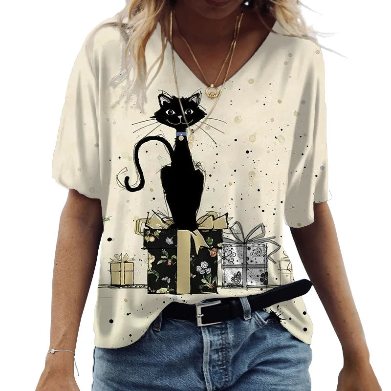 Women's Cartoon Cat Print T-shirt™ Summer Short Sleeve V-Neck Kawaii Fashion Tees