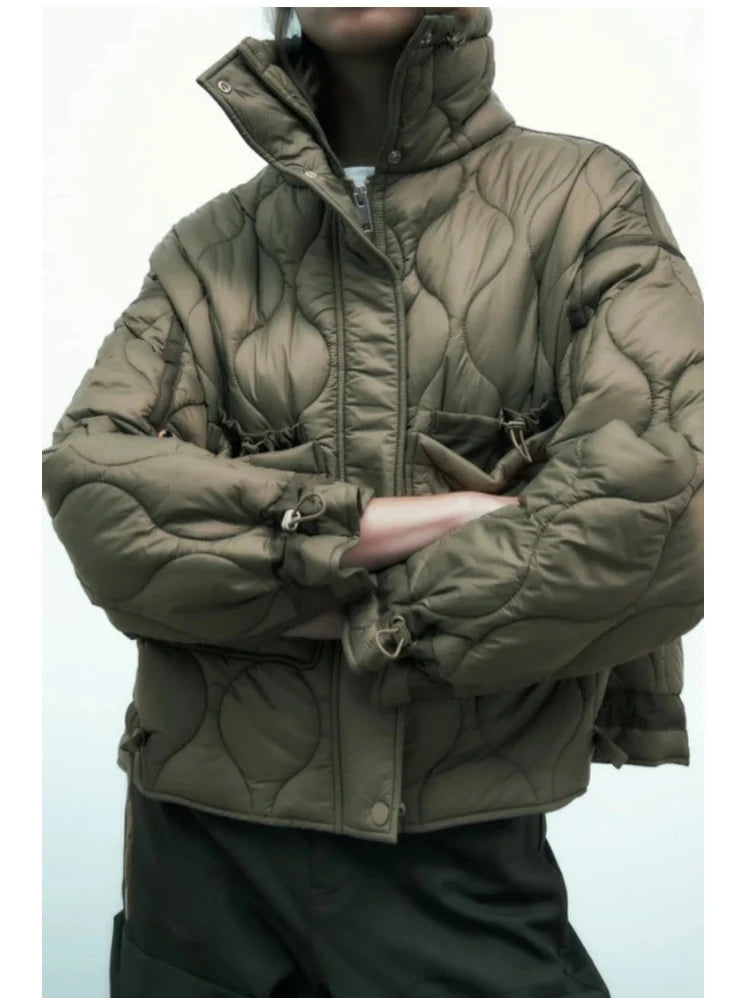 Women's Quilted Coat™ drawstring ties high neck pocket clip cotton jacket for women