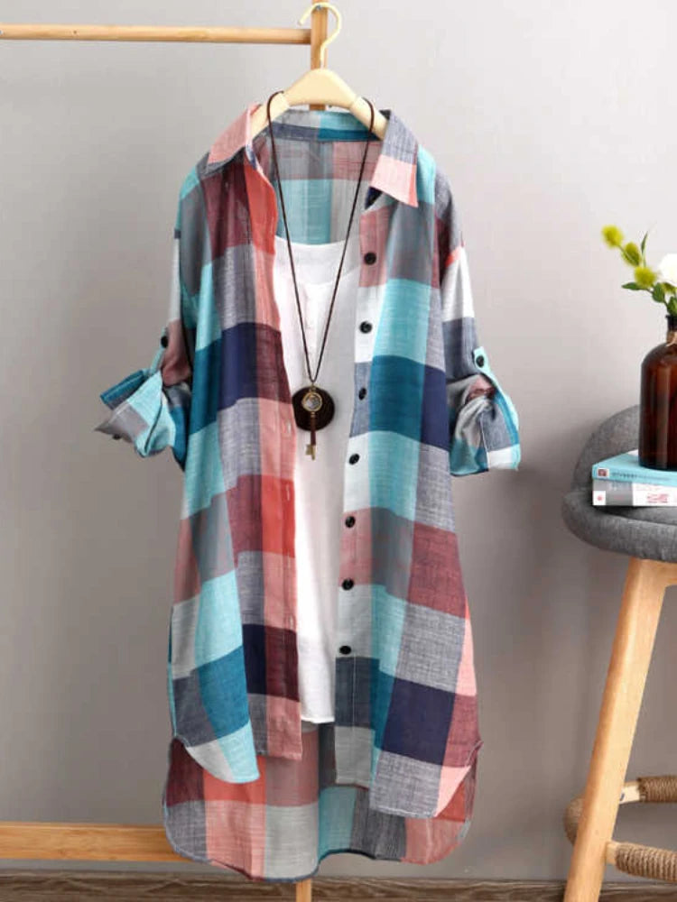 Women's Plus Size Loose Plaid Blouse™ Mid Length Long Sleeve Cotton Shirt Outwear