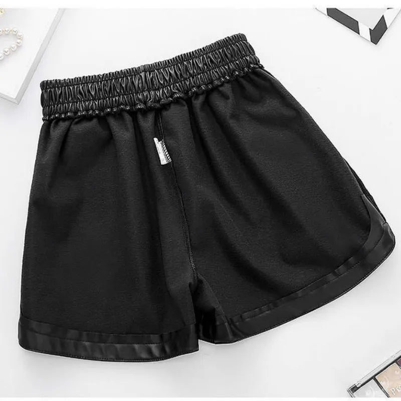 Women's Shorts™ Black PU Leather High Waist Wide Leg Faux Leather Shorts