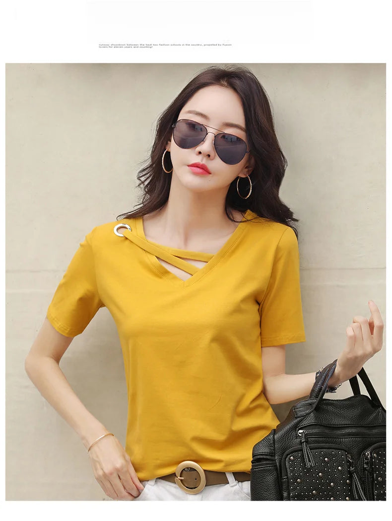 Women Short Sleeve Heart-neck T-shirt™ Half-sleeve Loose Tops