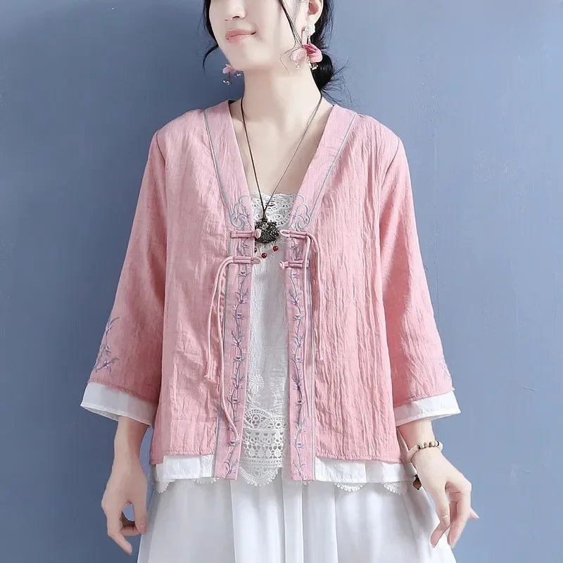 Women's V-neck Cotton Cable Knit T-shirt™ Double Button Seven Half Sleeve Vintage Cardigan