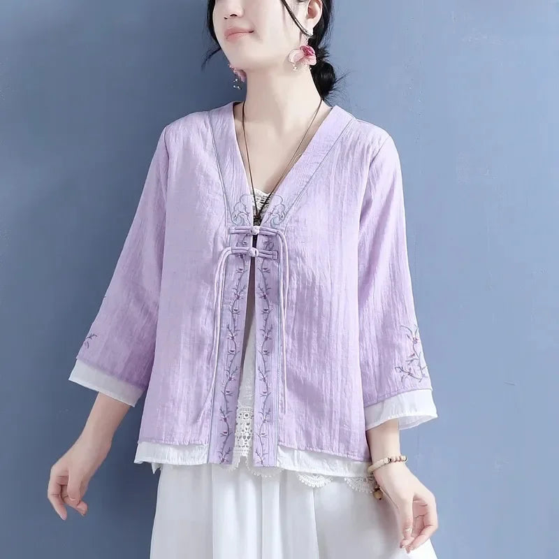 Women's V-neck Cotton Cable Knit T-shirt™ Double Button Seven Half Sleeve Vintage Cardigan