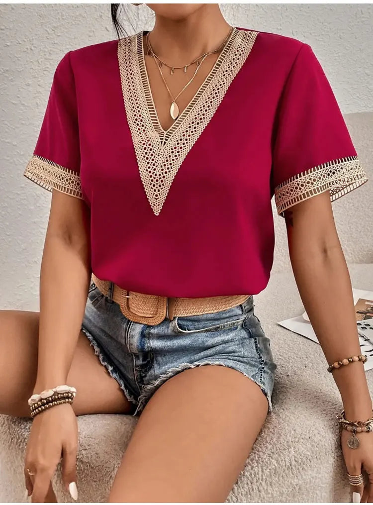 Women's Short Sleeve T-Shirt™ Summer Slim Fit Pullover Basic Tees V Neck Lace Tops Y2k Clothes