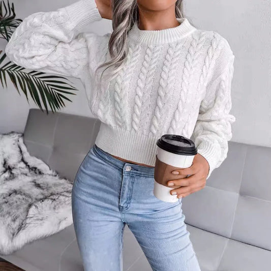 Women's Knit Sweater™ Long Sleeve Crew Neck Crop Cable Tops