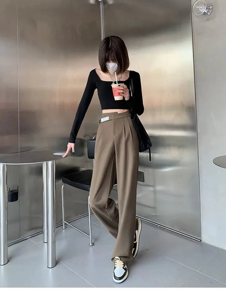 Women's High-Waisted Draped Bell Bottom Trousers™ Loose-Fit Floor-Length Straight-Leg Pants