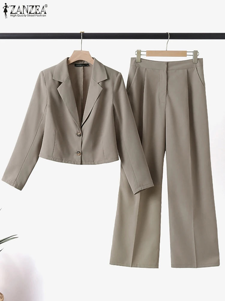 Women's Vintage Tracksuit™ ZANZEA Elegant Blazer Long Sleeve Tops Wide Leg Pants Work Suit