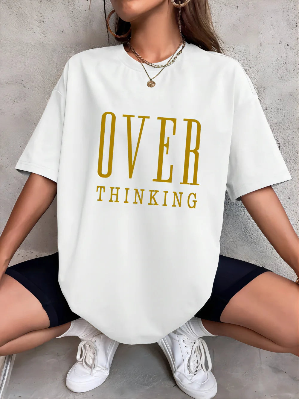 Over Thinking Letter Print Women's Cotton Short Sleeve Vintage T-shirt™ Breathable O-Neck T-Shirts