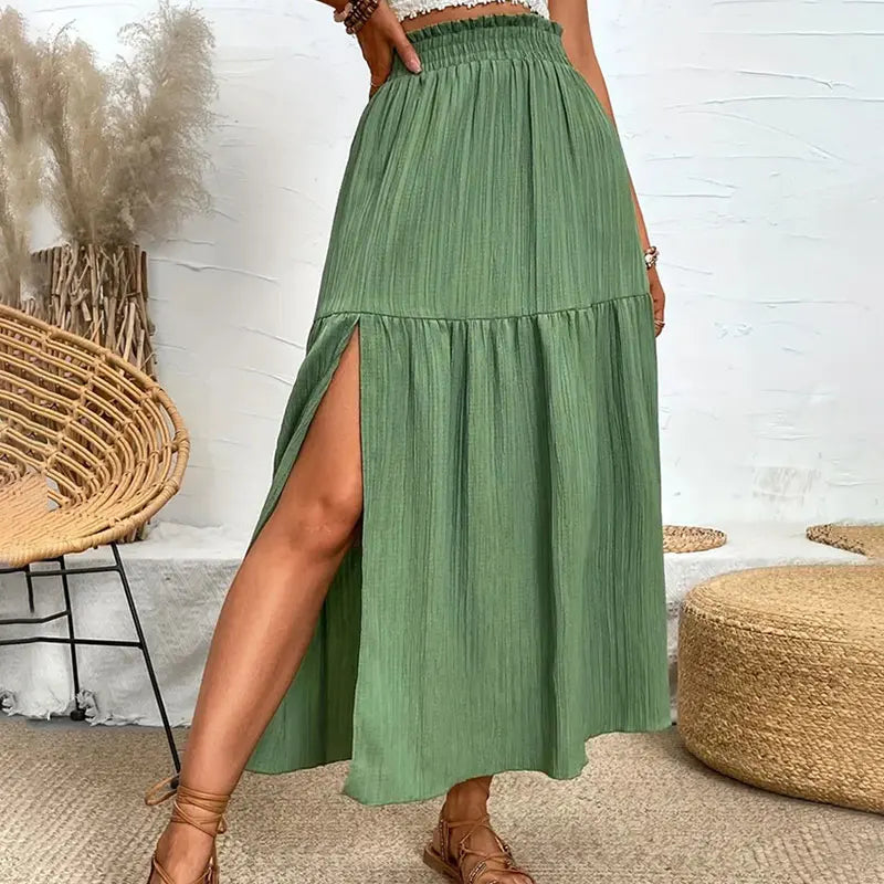 Women Bohemian Midi Skirt™ High Waist Solid A Line Ruffle Side Slit Skirts
