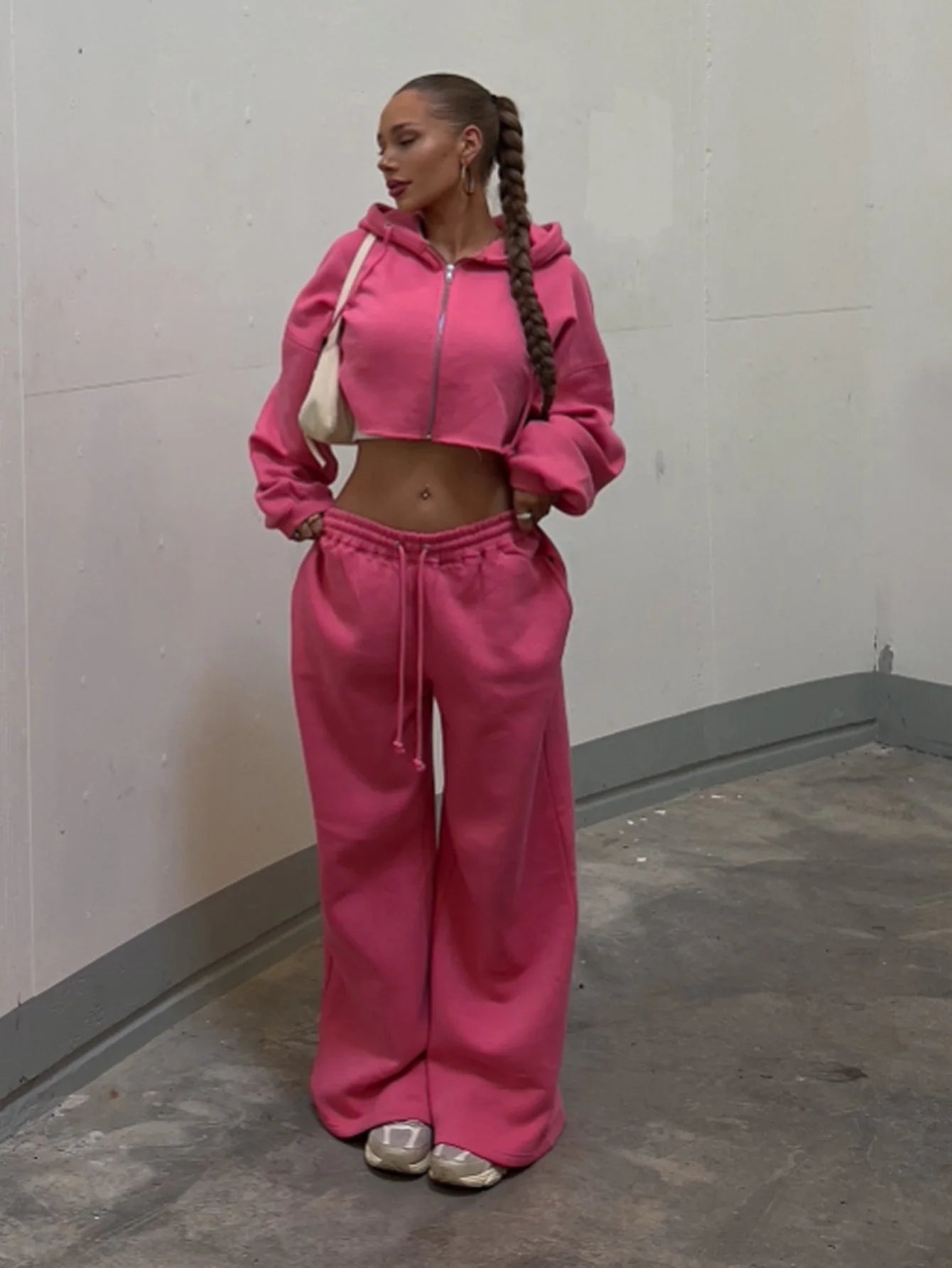 Women's Two Piece Set™ Zip Up Crop Drawstring Long Sleeve Hoodie &Drawstring Waist Sweatpant