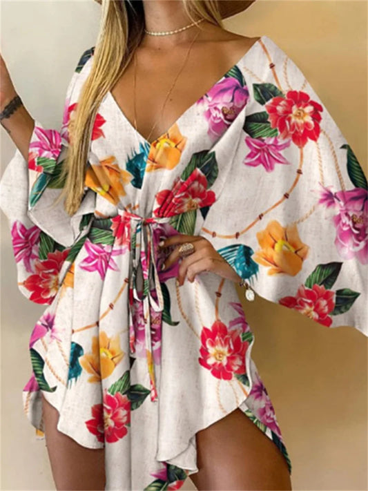 Women's Print V-Neck Bat Sleeve Ruffe Dress™ Flowers Print Bohemian Beach Mini Dresses
