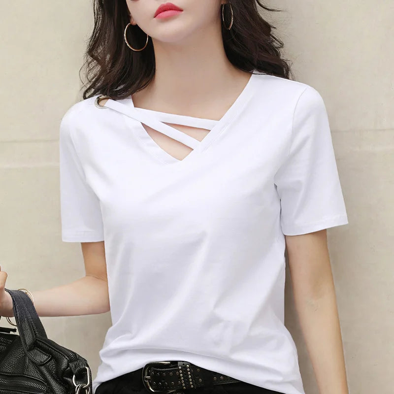 Women Short Sleeve Heart-neck T-shirt™ Half-sleeve Loose Tops