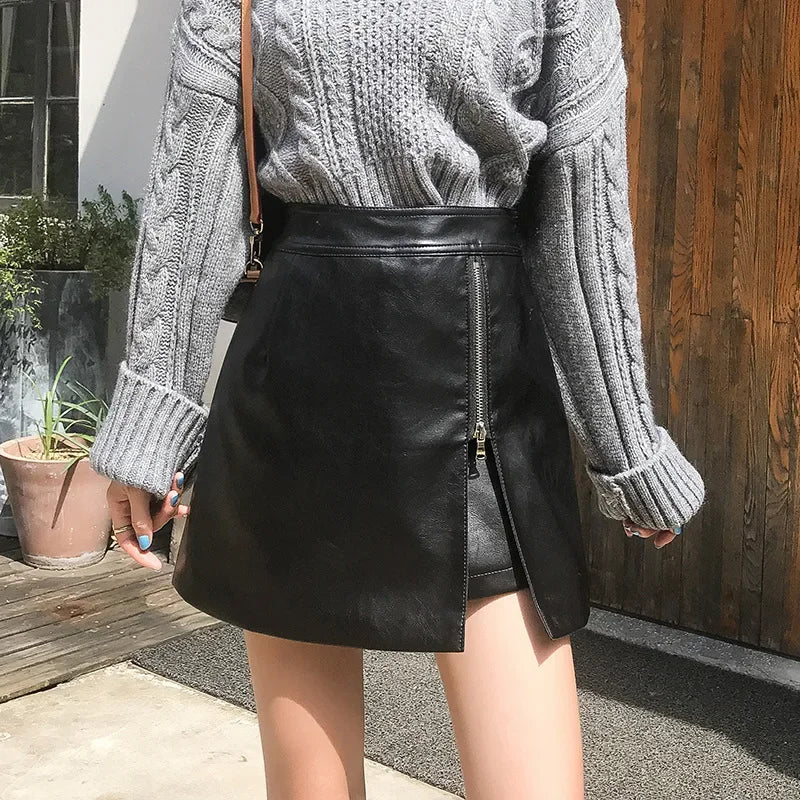 Women's Mini Dress™ Fashionable Zippered Pu Leather Slimming High-waisted A- line Skirt