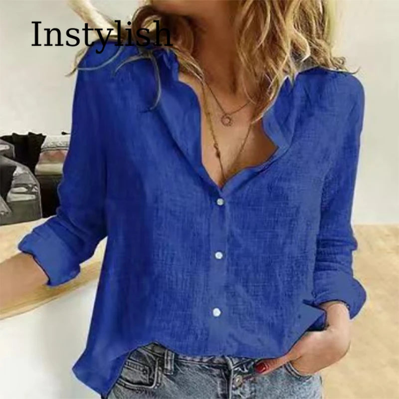 Women's Elegant Cotton Linen Shirts™ Casual Solid Button Lapel Long Sleeve Loose Shirts