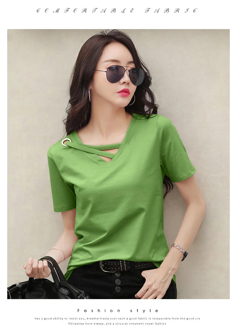 Women Short Sleeve Heart-neck T-shirt™ Half-sleeve Loose Tops