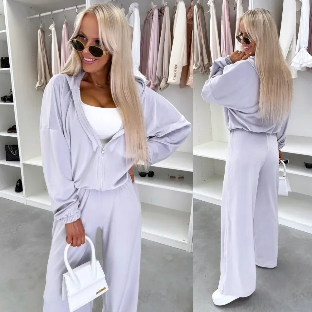Women's  Casual Outfit™ Zipper Hooded Cardigan + Wide Leg Pants Two Piece Set