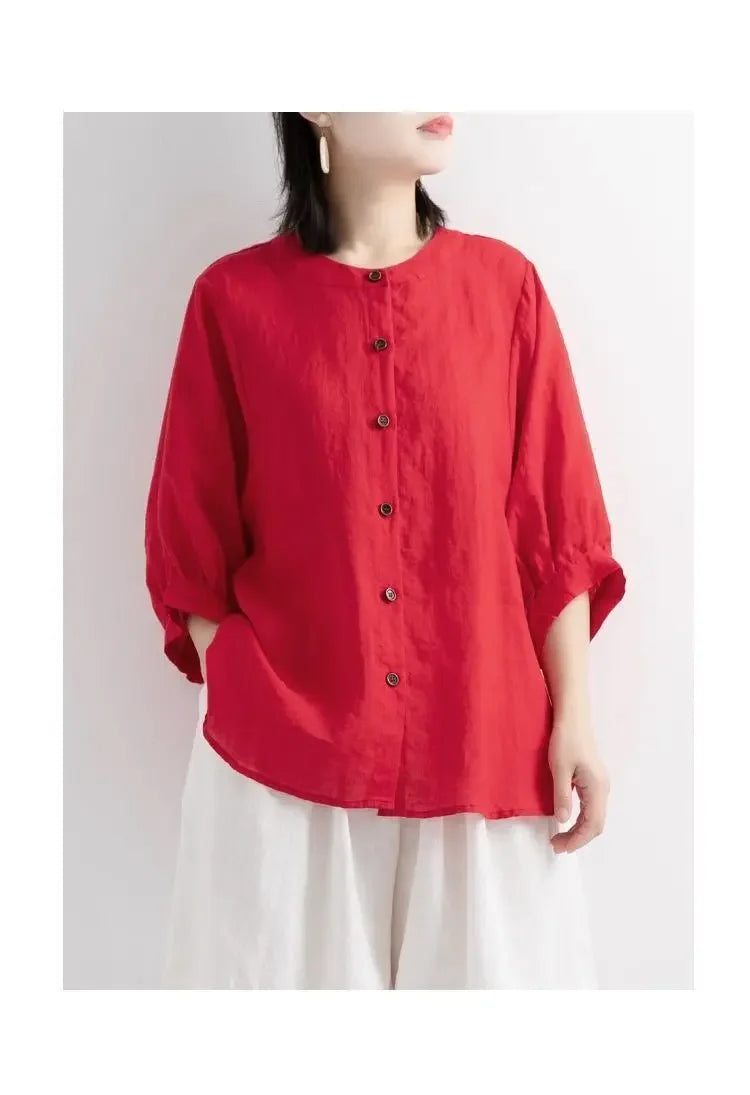 Women's Cotton Linen Shirts™ Loose Fit Round Neck Plus Lantern Sleeve Shirt