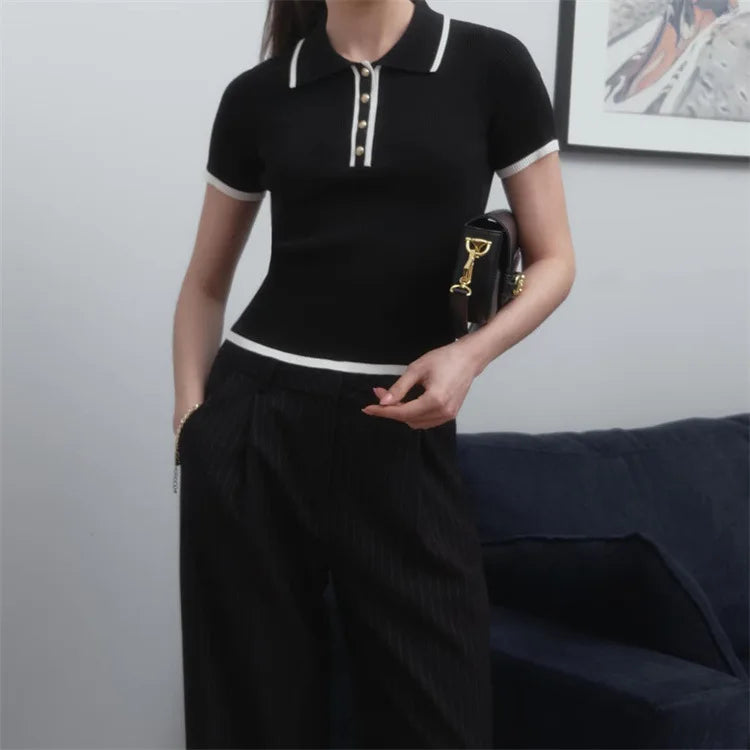 Women's Summer Knit Tops™ Short Sleeve Patchwork Slim Lapel Ribbed Tees