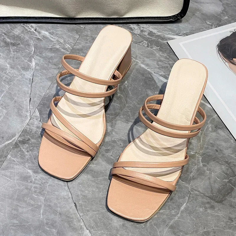 Women's Sandals™ Ladies Square Heels Outside Cross Tied Leather Sandals