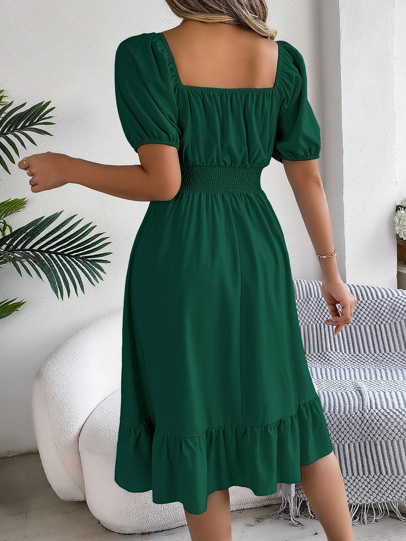 Women's Solid Puff Sleeve Square Neck Dress™ Ruched Bust Ruffle Hem Waist Dress,