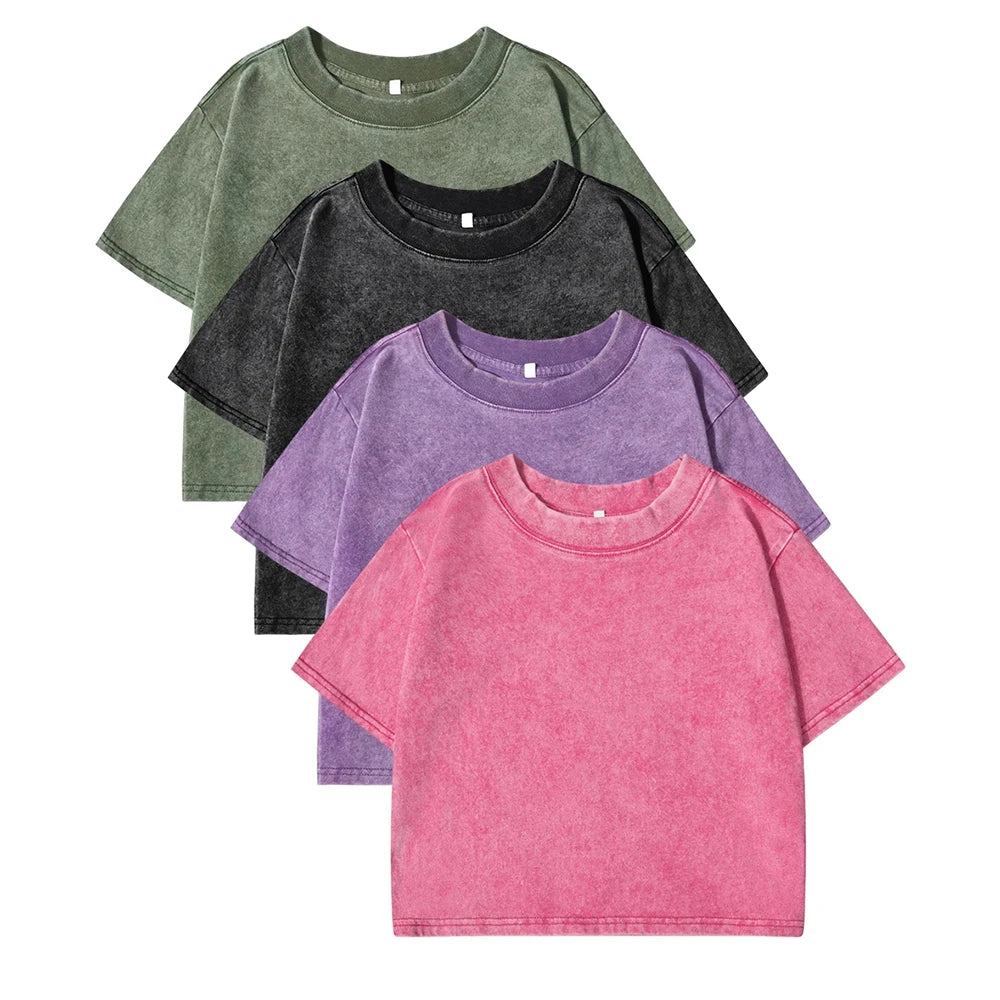 Women's Short Washed T-Shirts™ Soft Cotton Short Sleeve Retro Crop Tees