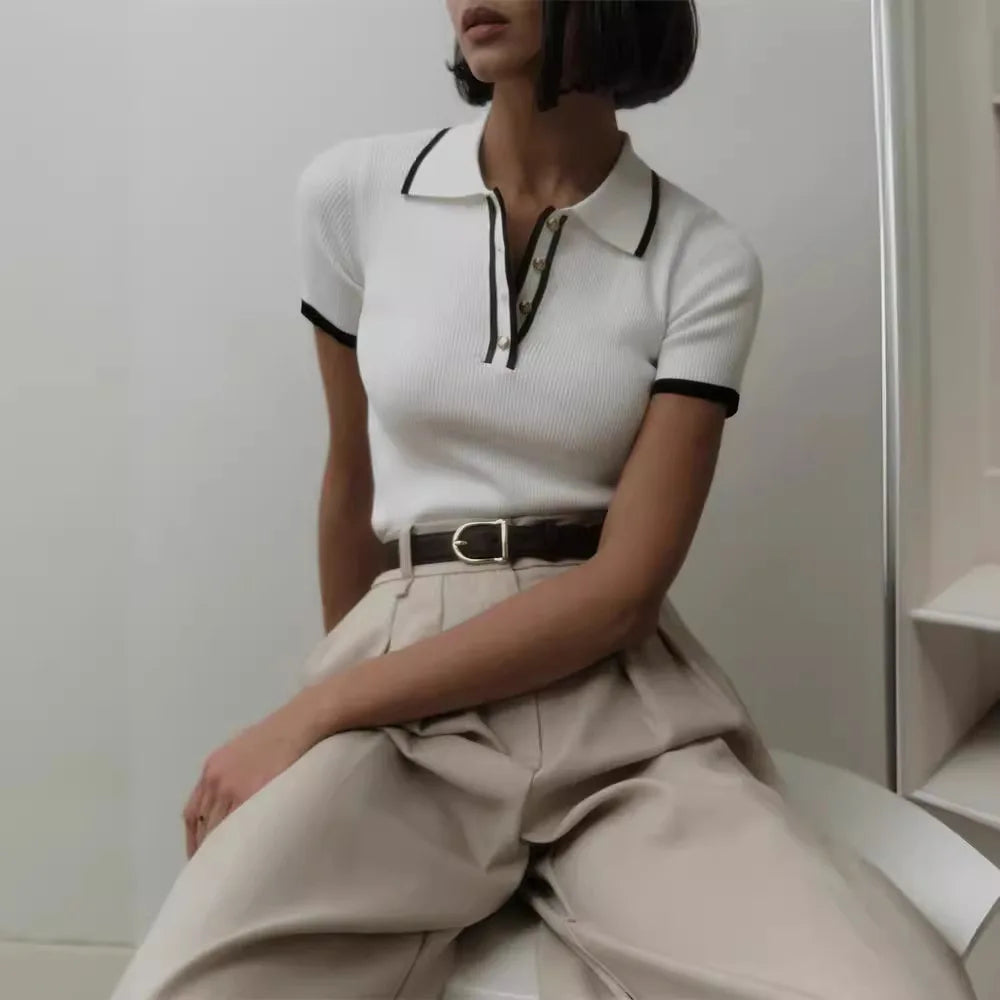 Women's Summer Knit Tops™ Short Sleeve Patchwork Slim Lapel Ribbed Tees