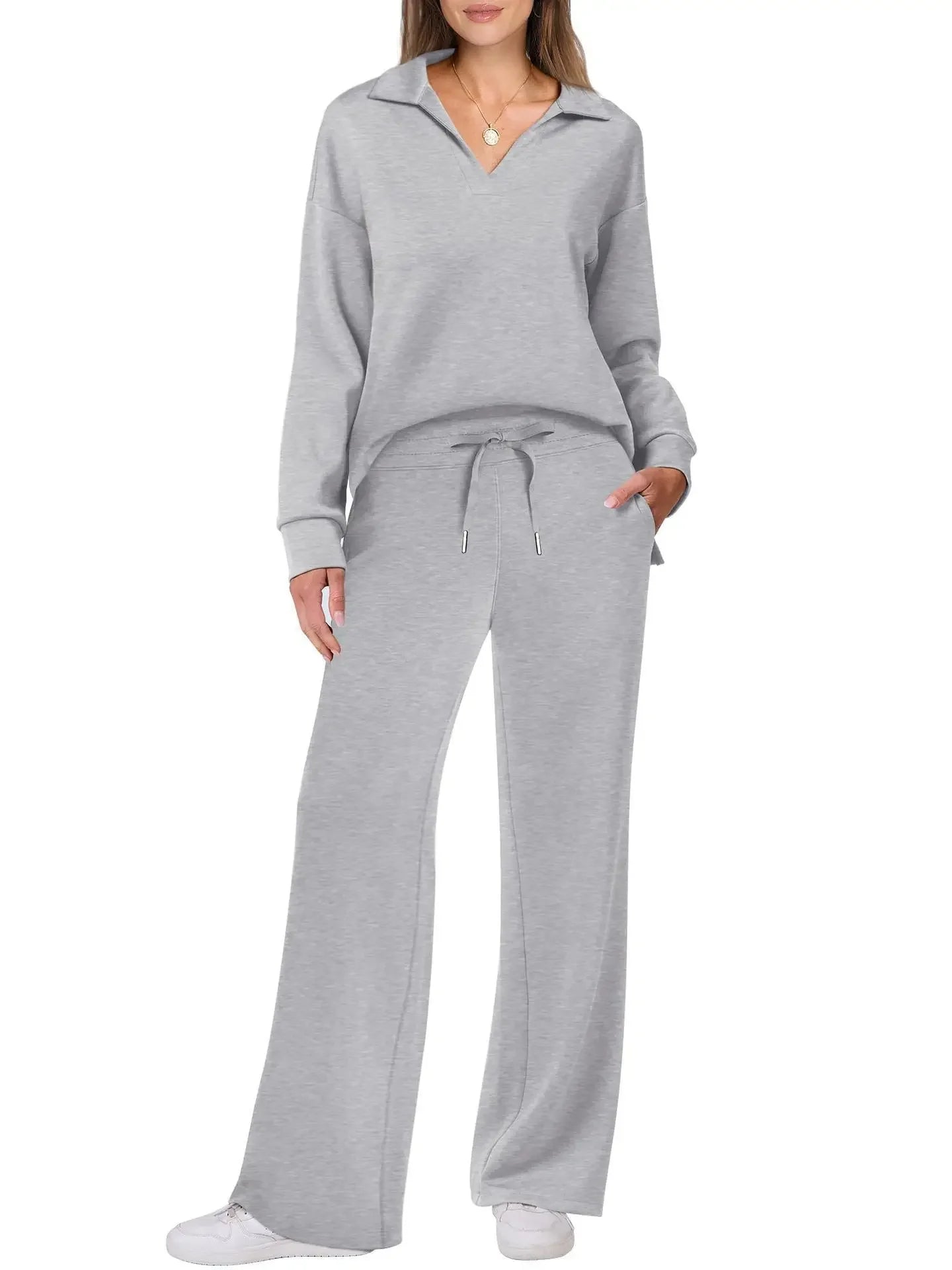 Women's 2 Piece Set™ Loose Long Sleeve V-Neck Top with Drawstring Elastic Waist Bell BottomsSet