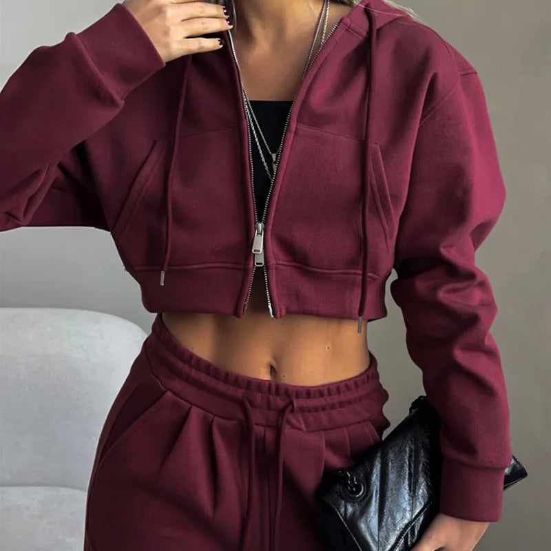 Women's Tracksuit™ Autumn Winter Fashion Casual Hooded Zipper Short Cardigan and Loose Pants Set