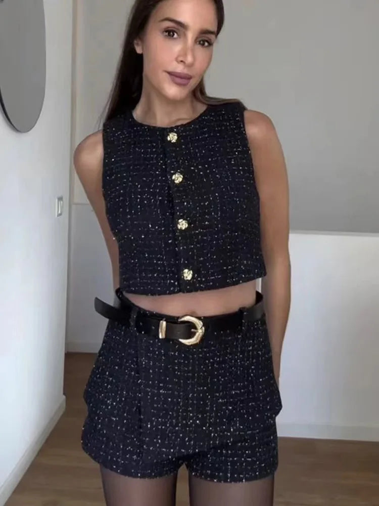 Women's Summer Suit™ Willshela Belt Shorts Tweed Vest Coat Two Piece Set Outfit