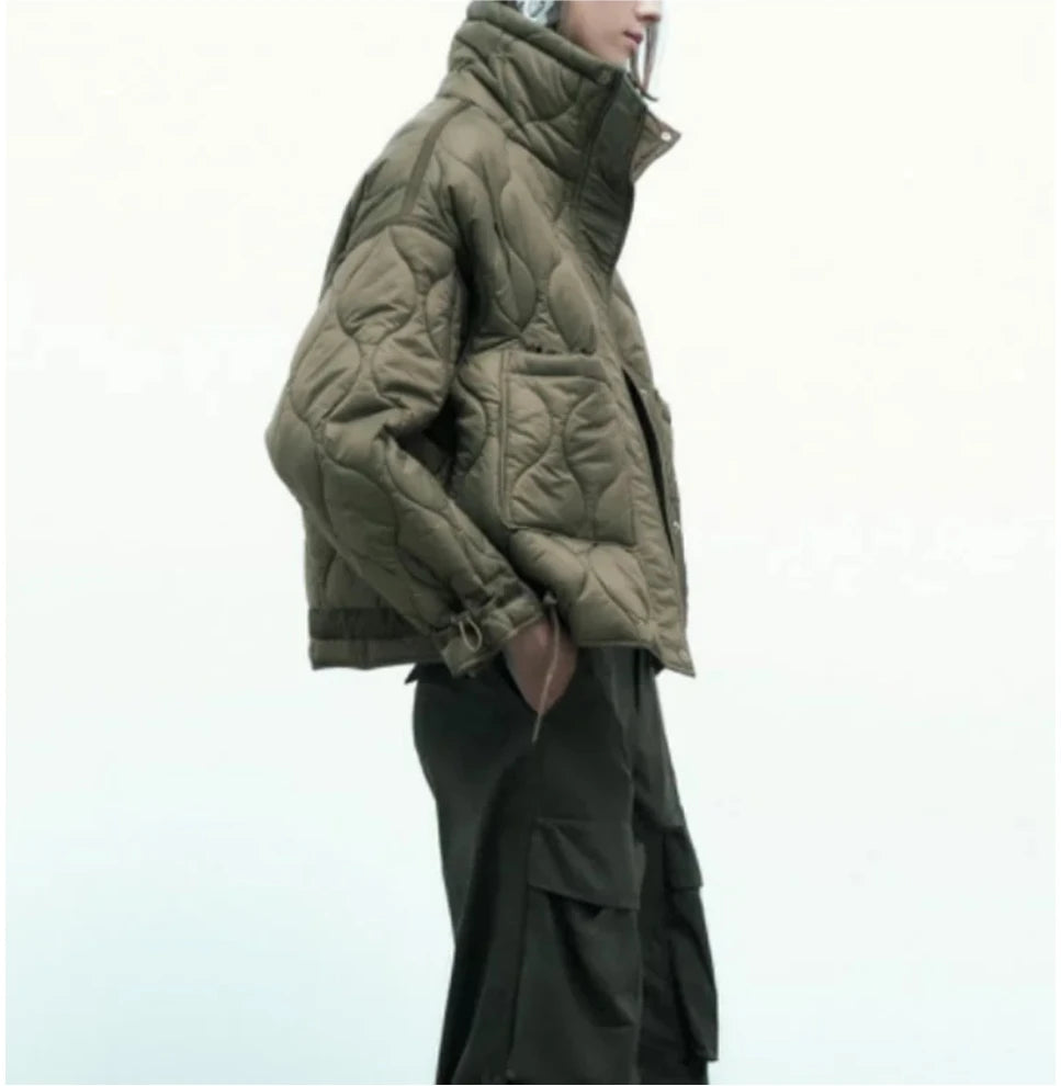 Women's Quilted Coat™ drawstring ties high neck pocket clip cotton jacket for women