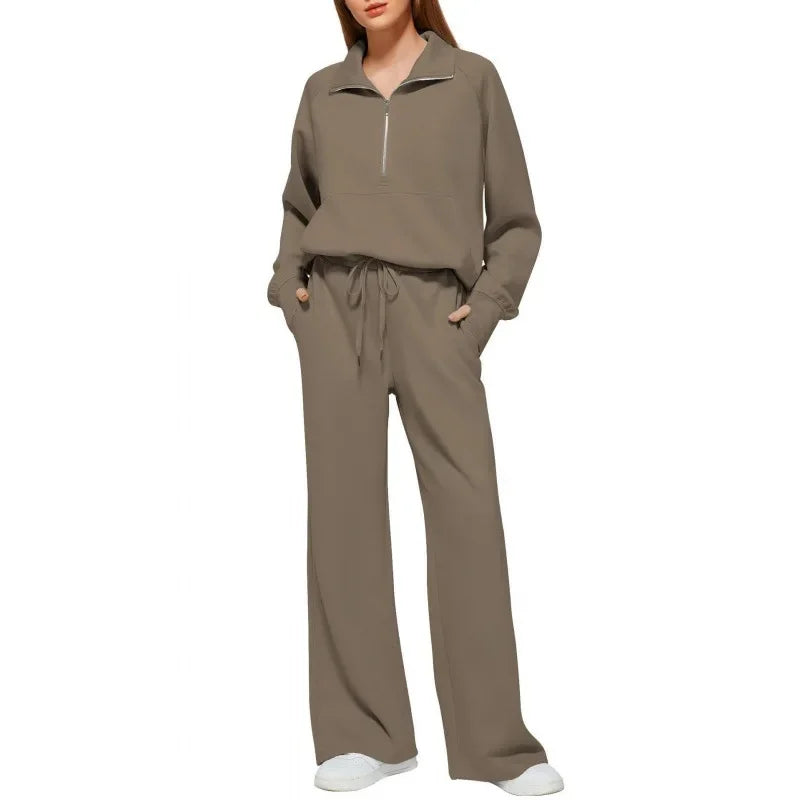 Women's European Style 2-Piece Set™ Zip Up Polo Shirt Wide Leg Sweatpants Casual Suit