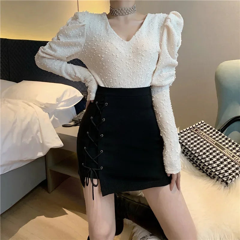 Women's Shorts Skirts™ High-waisted Slimming A- line Black Cross-body Tied Irregular Short Skirt