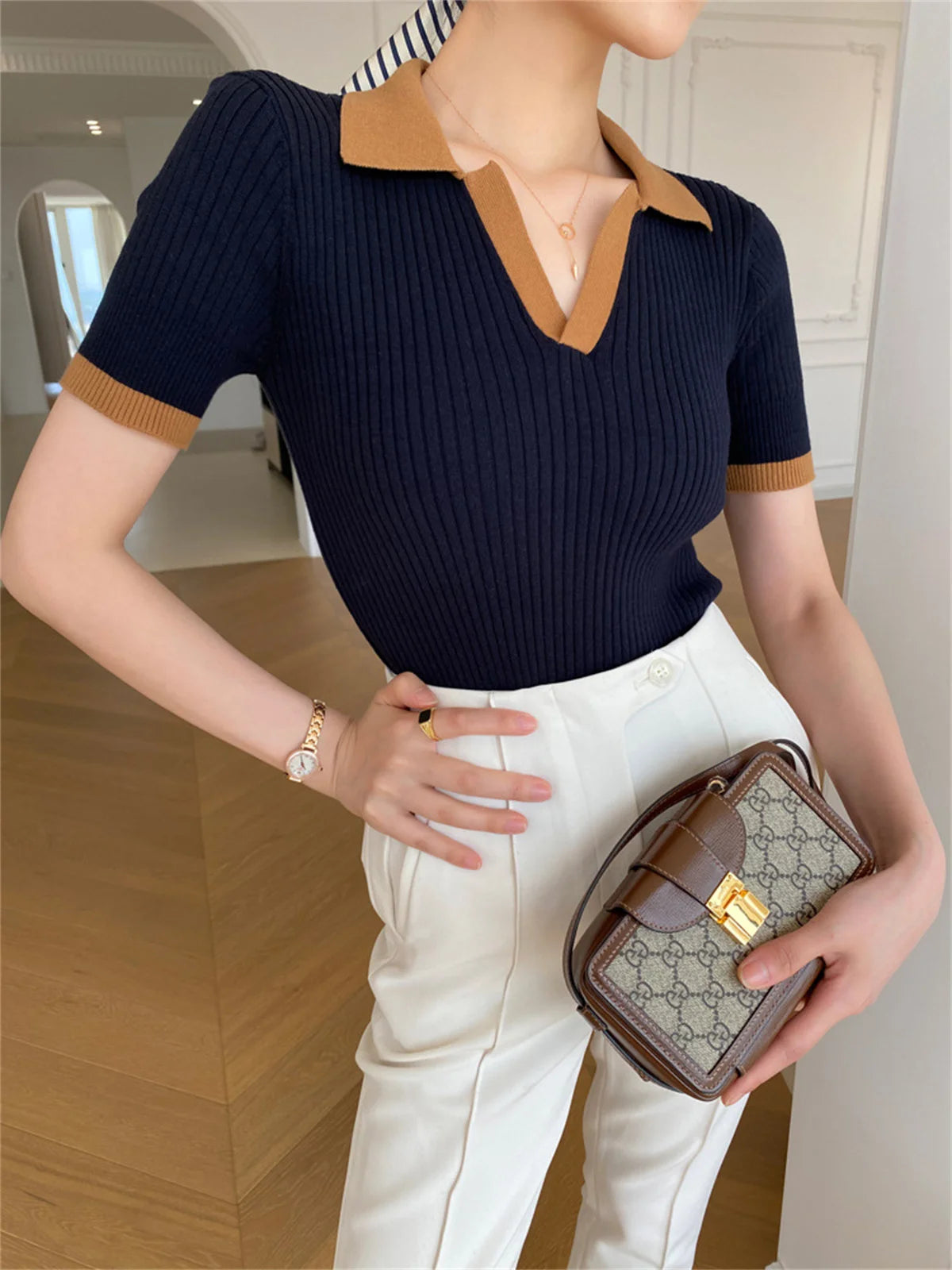 Women's V Neck Knitted Tops™ Short Sleeve Slim Casual Vintage T-shirt