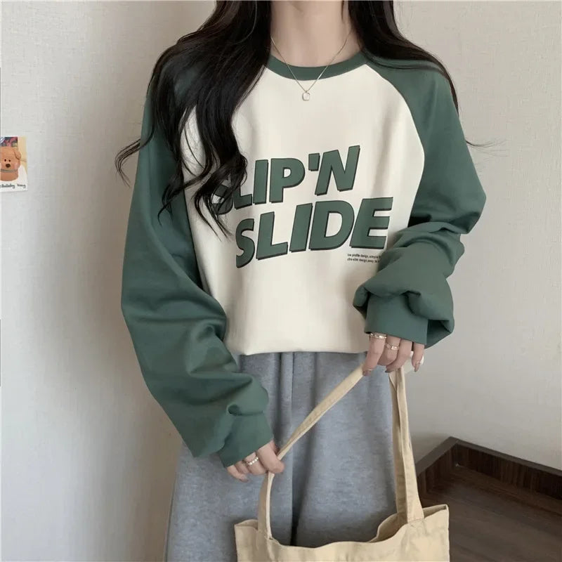 Women's Letter Printed T-Shirt™ Autumn Winter Thickened Frosted Color Block Shoulder Sleeve Lazy Loose Large Version Round Neck T-Shirt