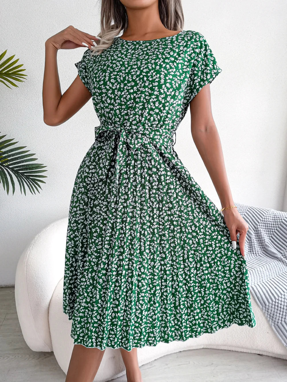 Women Dresses™ Spring Summer Short Sleeve High Waist Floral Pleated A Line Long Dress