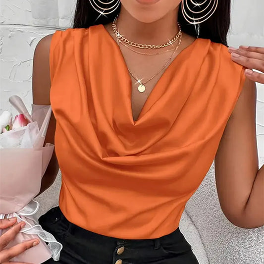 Women's Silk-Like Satin Tank Tops™ Strappy Cowl Neck T-Shirts
