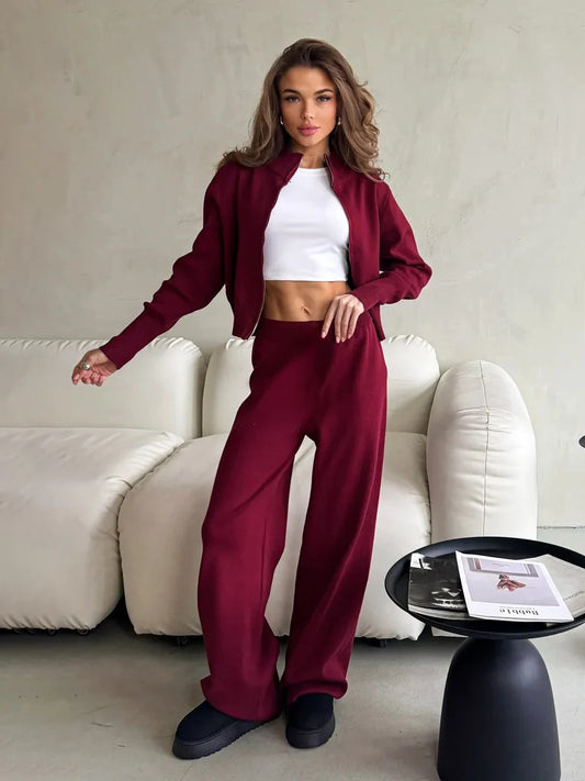 Women's Blubelle Set™ Knit Zip Up  Cropped Elastic Cardigan +Wide Leg Pants Set
