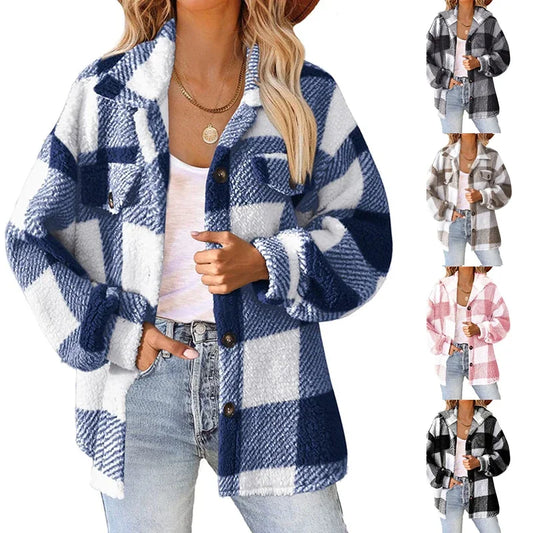 Women's Plaid Pattern Plush Coat™ Cardigan Fashion Loose Long Sleeve Jacket