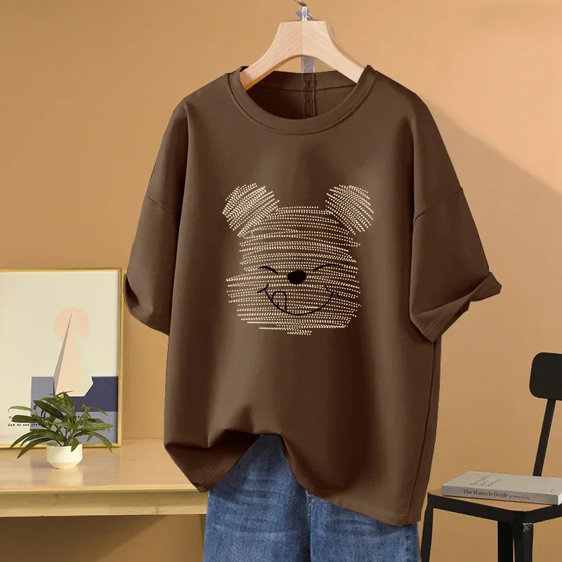 Women's Oversized Half Sleeve T-shirt Loose Fit Vintage Cartoon Bear Design T-shirt