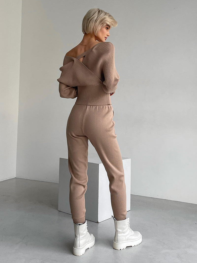 Women's Knitted Tracksuit™ Off Shoulder Knitted Long Sleeve Sweater  and Pants Suits