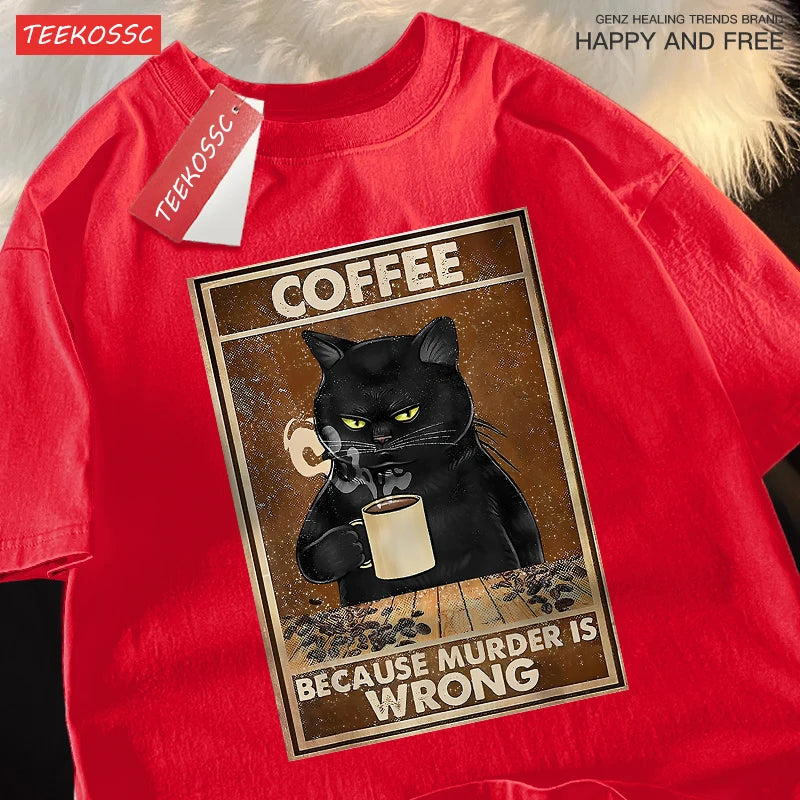 Men & Women Oversized T Shirts™ Black Cat Drink Coffee Cotton Streetwear T-Shirt